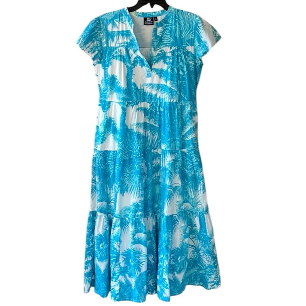 Madison Mathews Sz M 100% Cotton Tiiered Maxi Dress Floral Palm Leafs Turquoise
